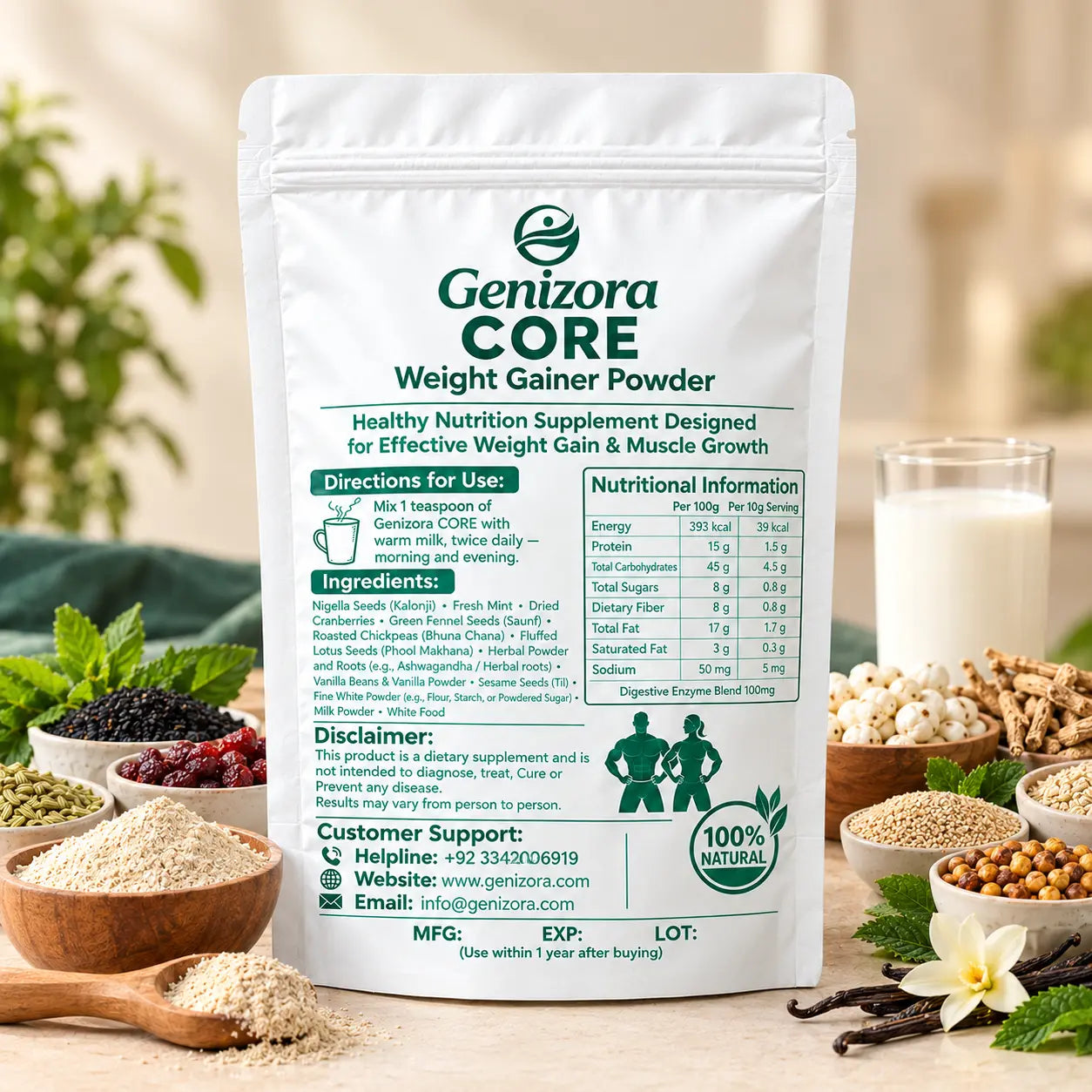 Genizora CORE Vanilla Flavor Weight Gainer Powder in white pouch with natural ingredients including kalonji, mint, dried cranberries, fennel seeds, roasted chickpeas, makhana, sesame seeds and vanilla beans.
