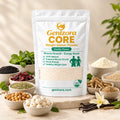 Genizora CORE Vanilla Flavor Weight Gainer Powder in white pouch with natural ingredients including kalonji, mint, dried cranberries, fennel seeds, roasted chickpeas, makhana, sesame seeds and vanilla beans.