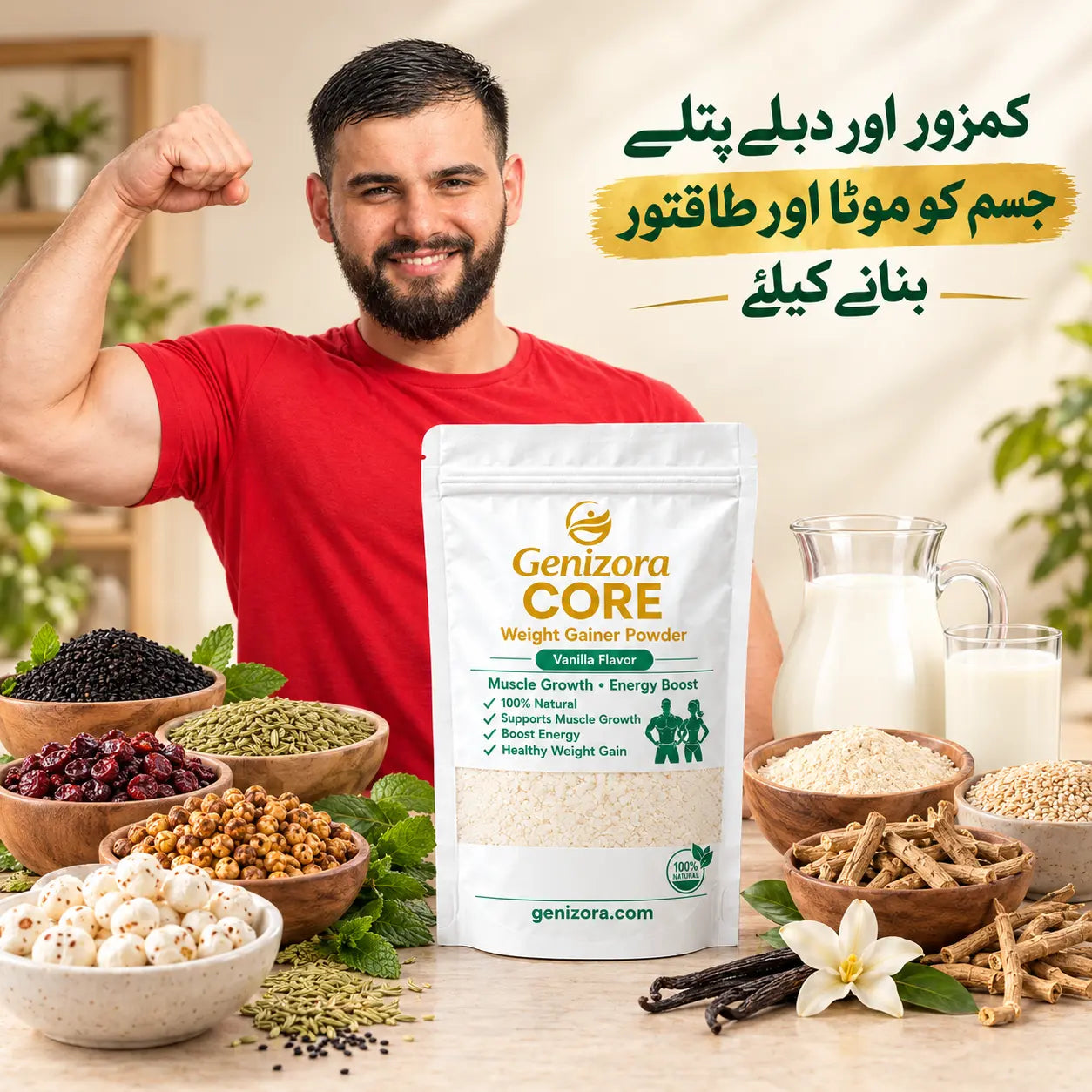 Genizora CORE Vanilla Flavor Weight Gainer Powder in white pouch with natural ingredients including kalonji, mint, dried cranberries, fennel seeds, roasted chickpeas, makhana, sesame seeds and vanilla beans.